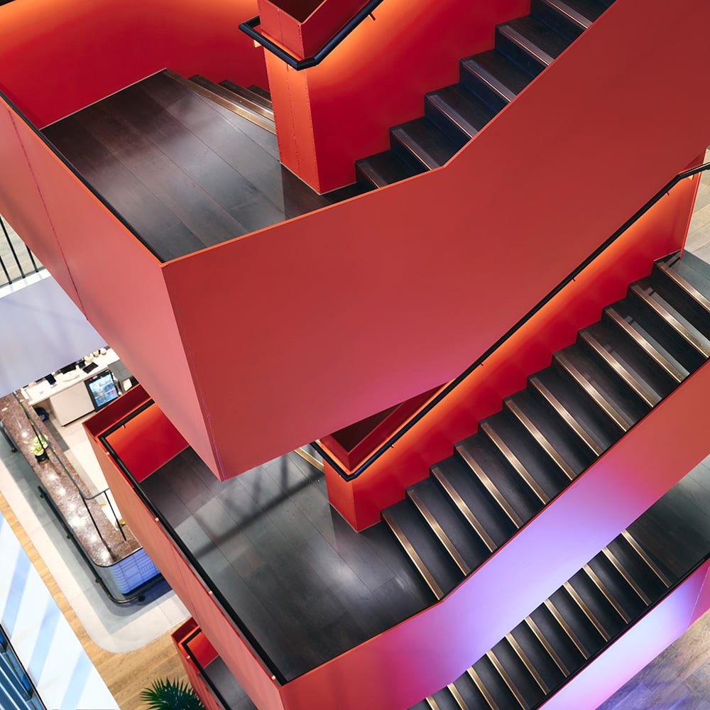 A red suspended stairwell.